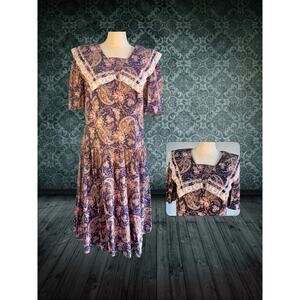 Volup Vintage 80s Lady Dorby Purple Paisley Lace Collar Drop Waist Dress 20W